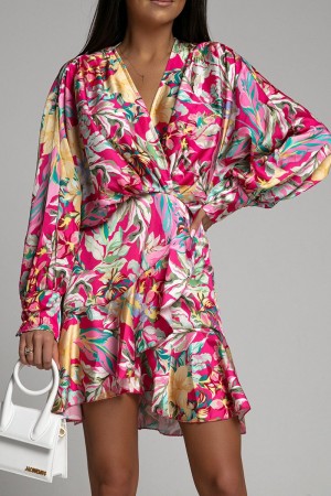 A4D-0001 / JOSHUAUSA<br/>Long Sleeve Ruffle Print Irregular Dress