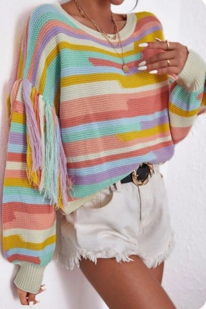 A4T-0007 / JOSHUAUSA<br/>Color Block Tassel Trim Drop Shoulder Sweater